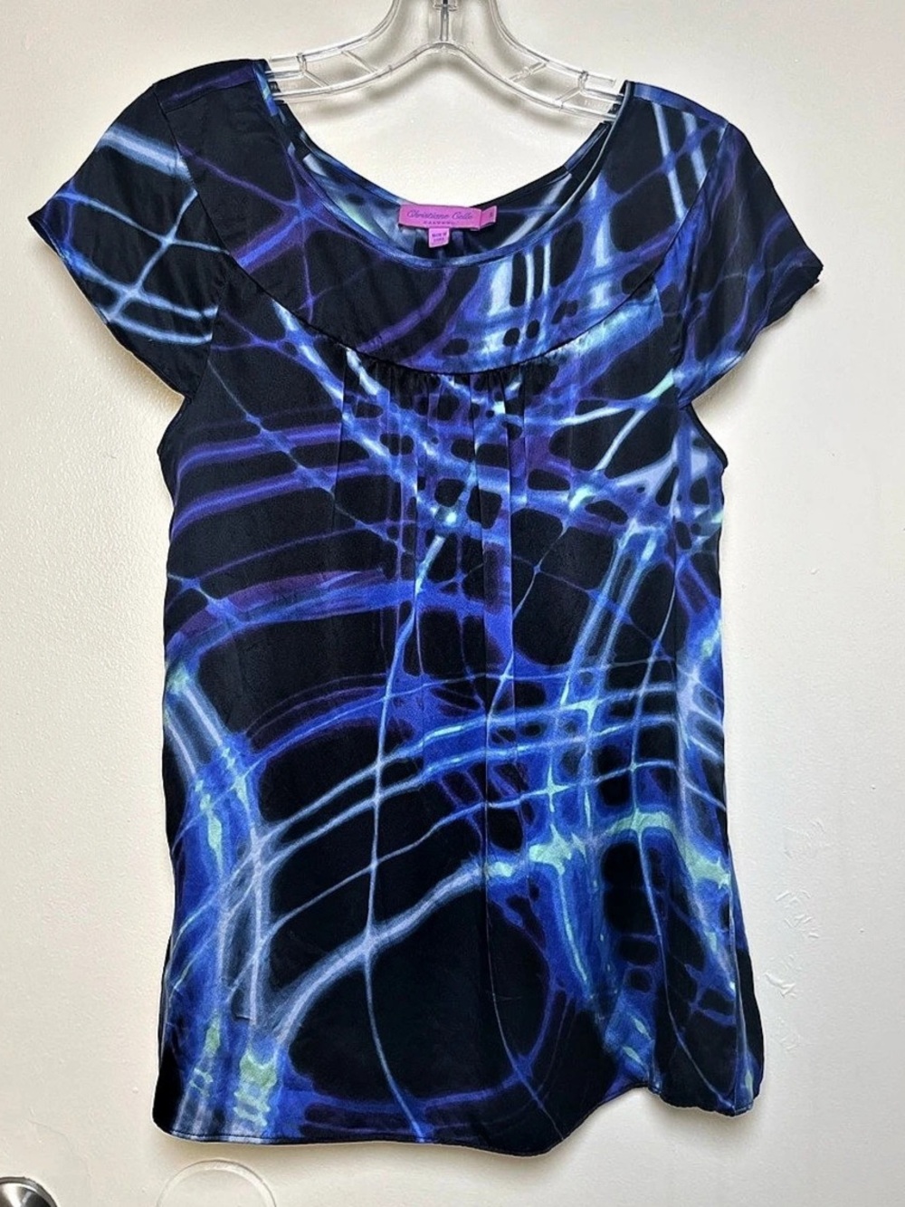 Women's Y2K Vintage Calypso Christiane Celle NWOT 100 Silk Abstract Blue Top S